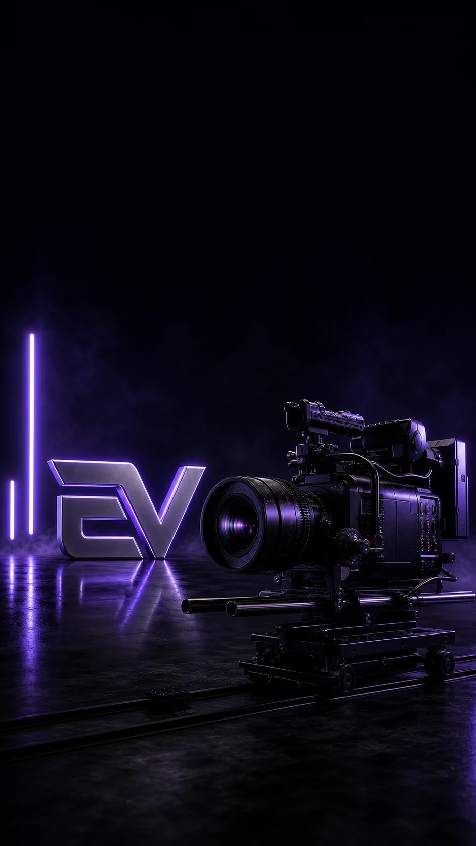 Cinema camera filming a metallic EV set in a violet studio
