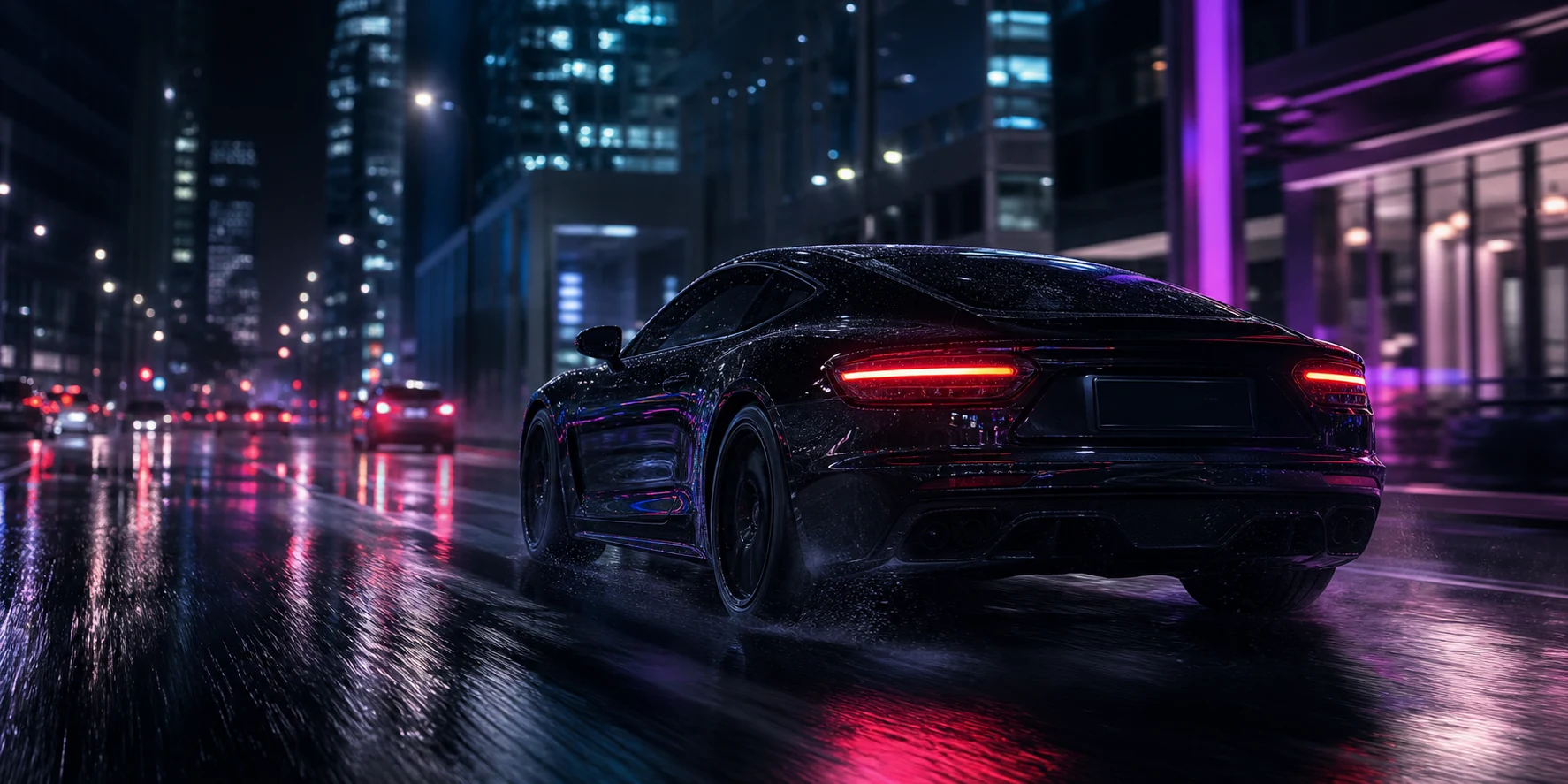 Black sports car in a neon city